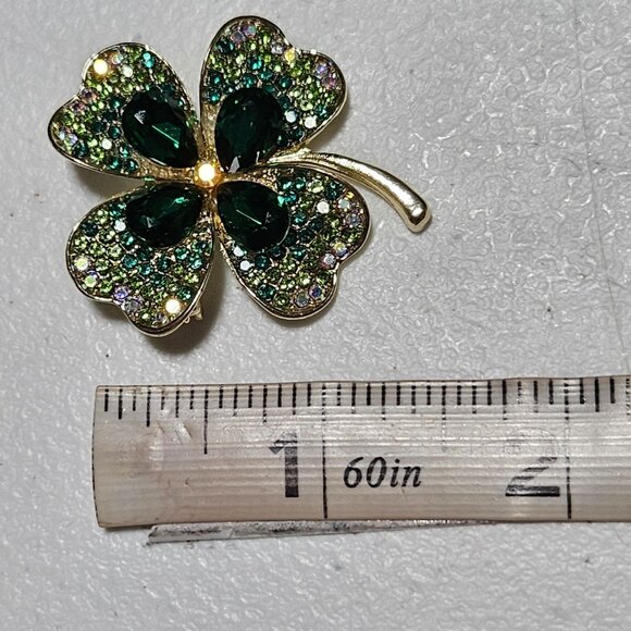 Four Leaf Clover Green Rhinestone Brooch Pin St Patricks Day Good Luck Jewelry - Picture 3 of 3